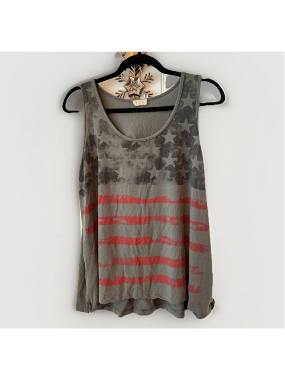 POL Gray American Flag Tank Top Size Large Patriotic Stars & Stripes Sleeveless